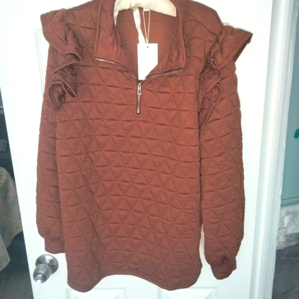 Quilted Pullover with Ruffle Accents Size Large Orange Brown Color NWT